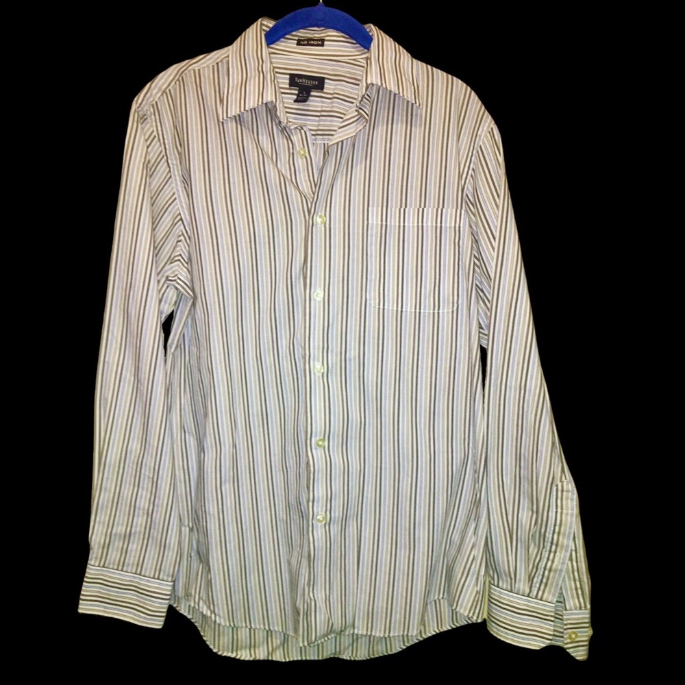 NO IRON Van Heusen Brown Beige White Blue Casual Button-Up Shirt